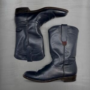 Vintage GS Giorgio Sant'Angelo Cowboy Boots Navy Blue Leather Western Round 8B